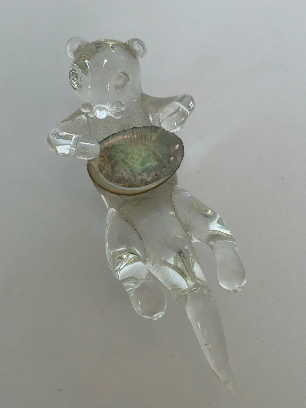 Hand Blown Clear Glass Sea Otter Figurine Holding Abalone Shell Trinket Dish